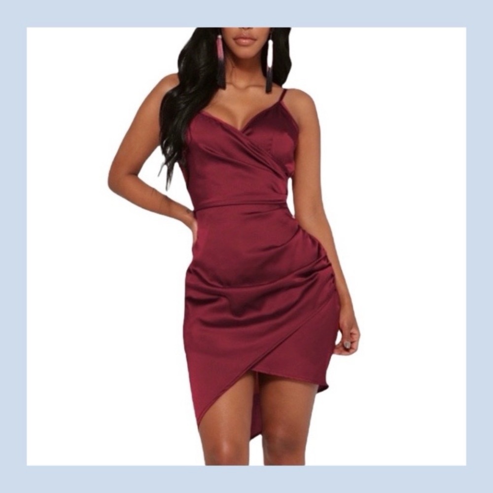 PLT Shape Burgundy Satin Wrap Dress